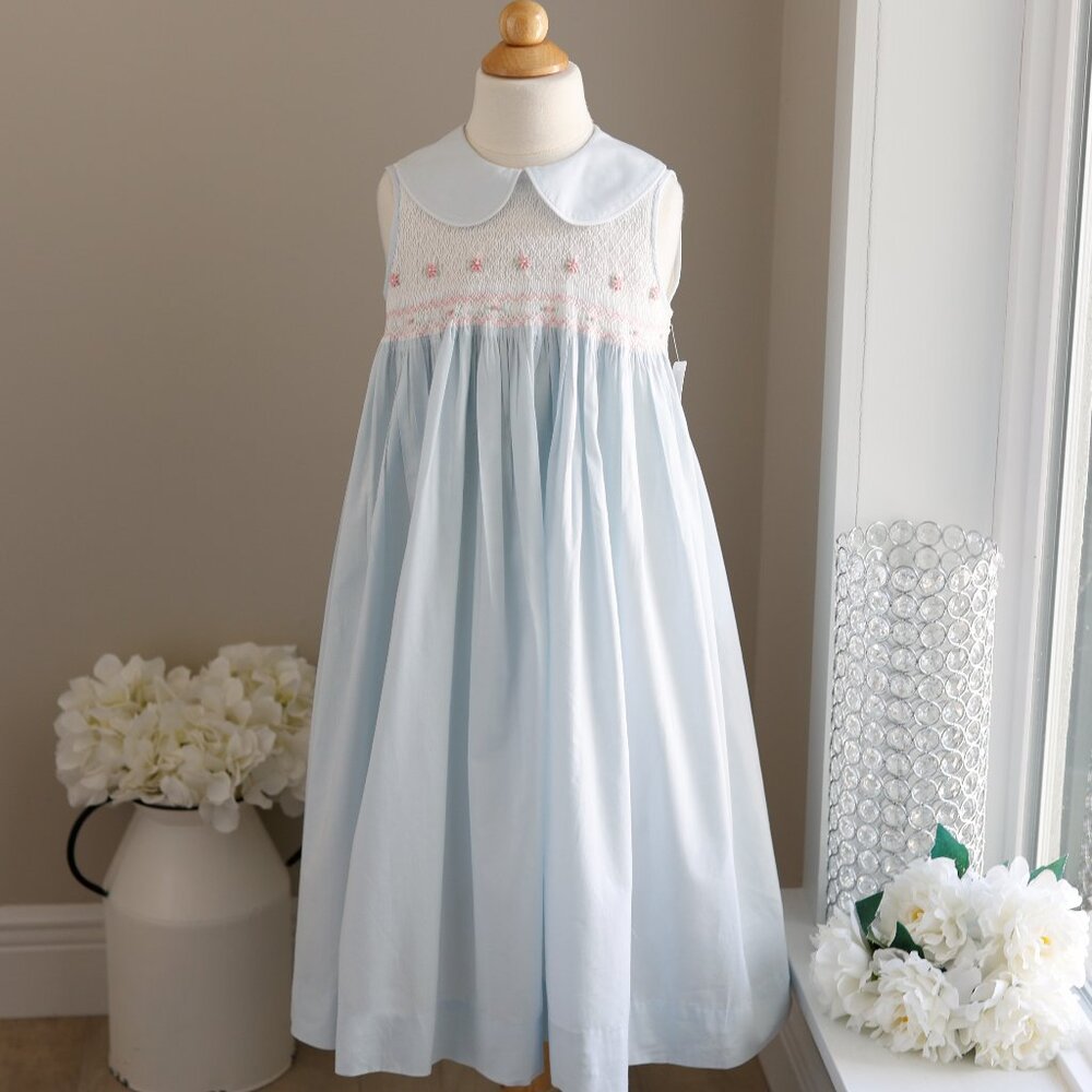 Blue Smocked Dress 100% Cotton Sleeveless Hand Embroidery Pearl Spring Summer 6X